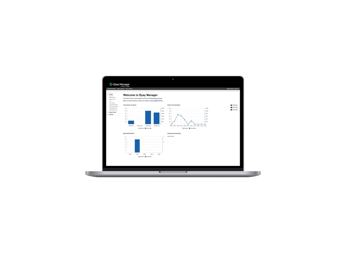 Epay Manager dashboard on a laptop, showing invoice and payment charts.