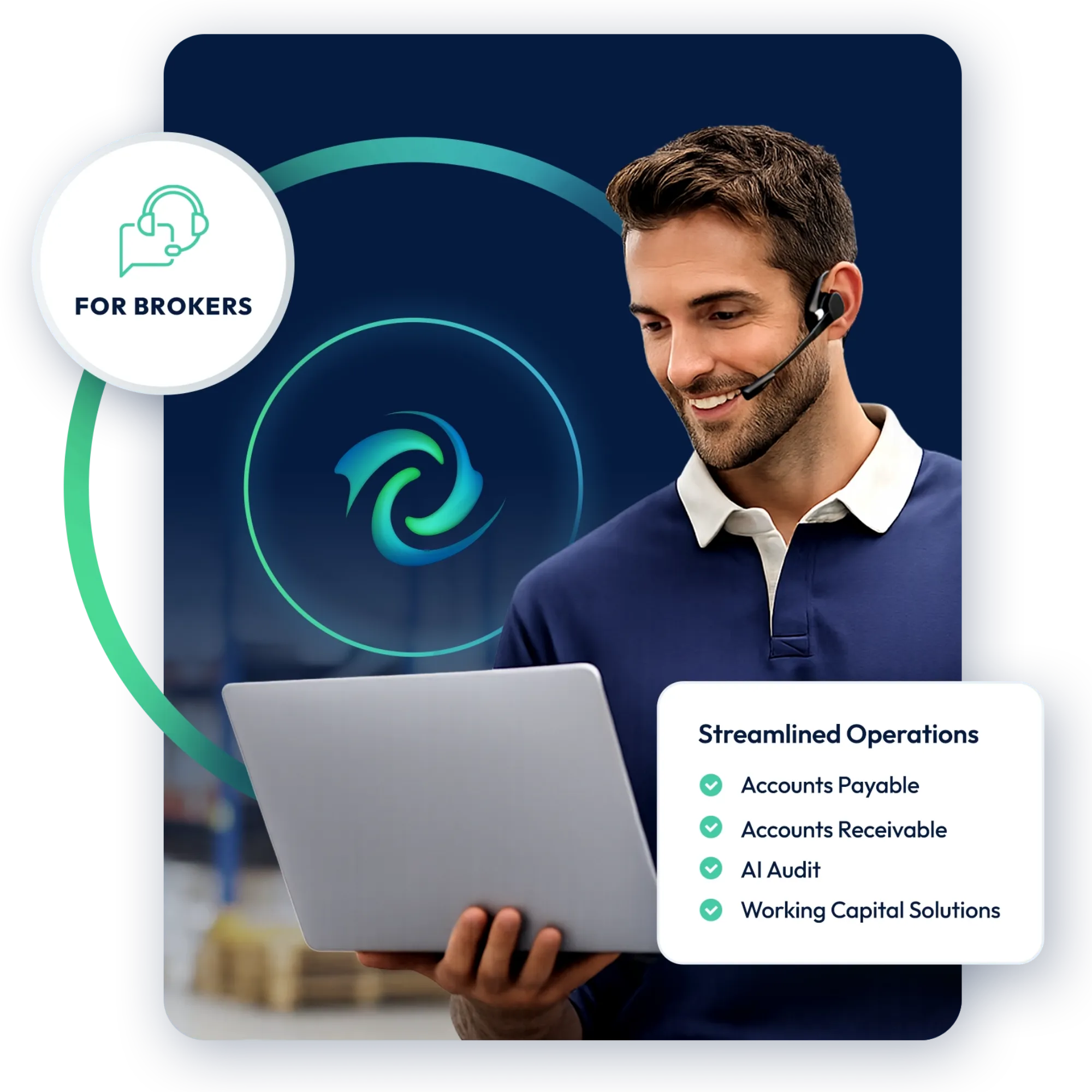 Freight broker using a laptop beside Accounts Payable, Accounts Receivable, AI Audit, and Working Capital Solutions.