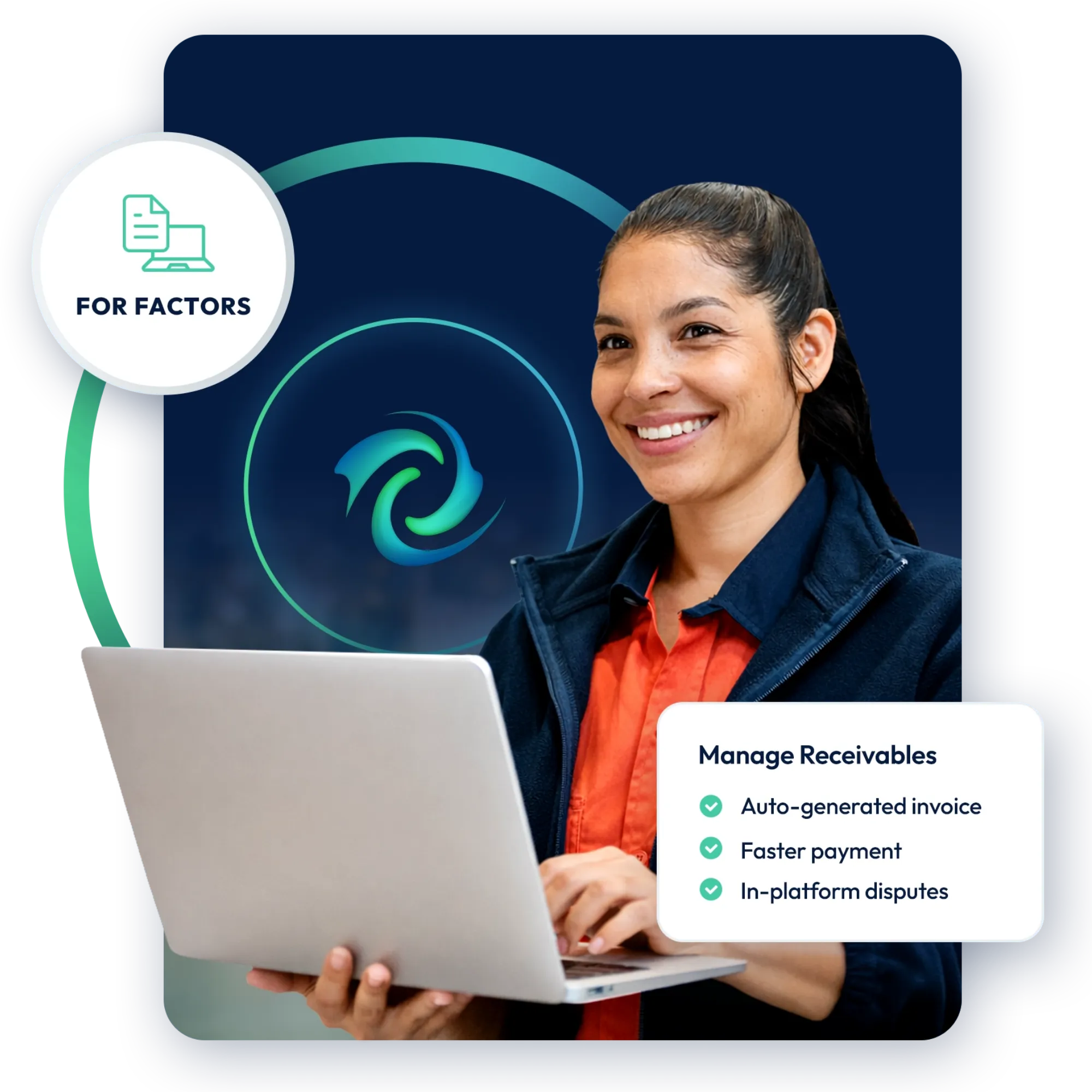 Factoring representative using a laptop beside invoice, payment, and in-platform dispute features.