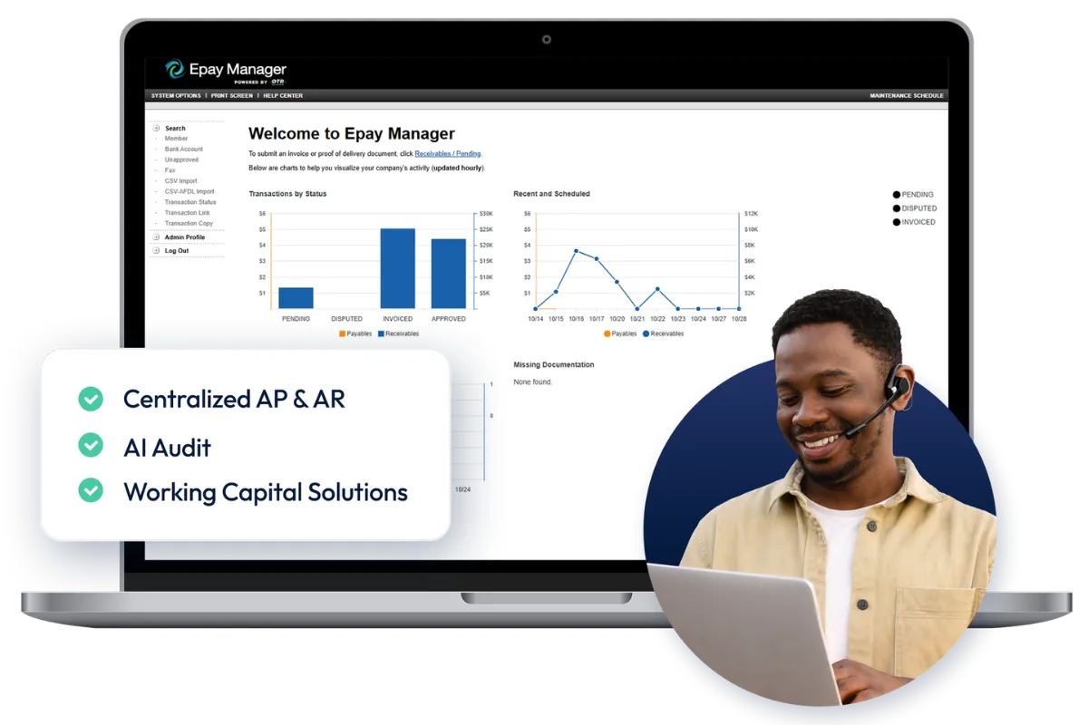 Epay Manager dashboard beside accounts payable, accounts receivable, AI audit, and working capital features.