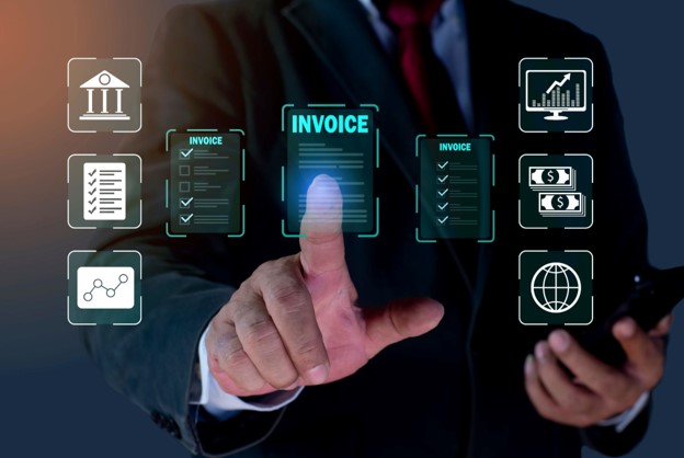 Digital freight invoice automation interface with invoice, reporting, and payment icons.