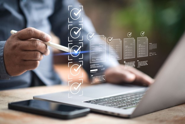Automated document approval checklist with digital invoices and completed workflow steps.