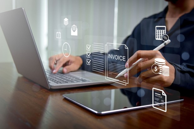 Digital invoice approval workflow with financial icons and automated payment documents.