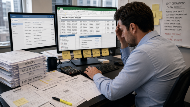 Office worker looks overwhelmed while managing freight invoices across spreadsheets, email, and stacks of paperwork.