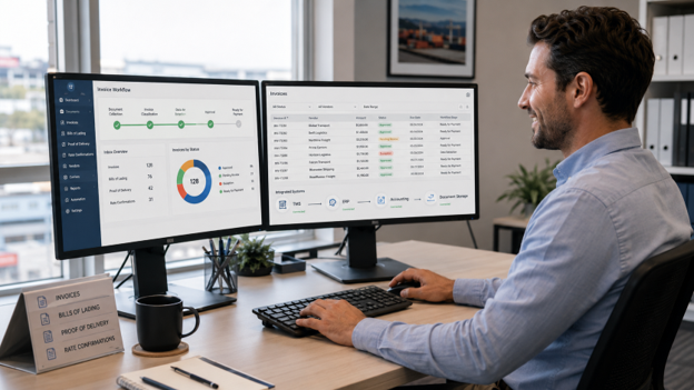 Smiling office worker uses an organized invoice automation dashboard to manage freight documents and approvals.