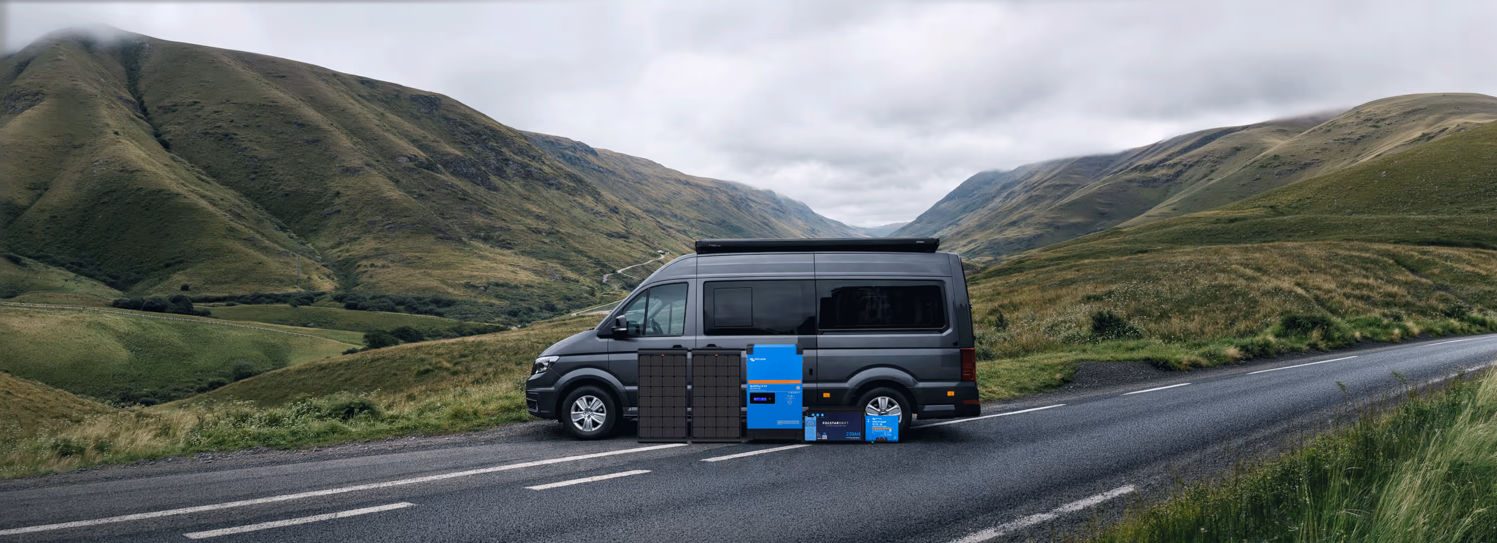 Campervan off-grid power system diagram with solar panels and batteries