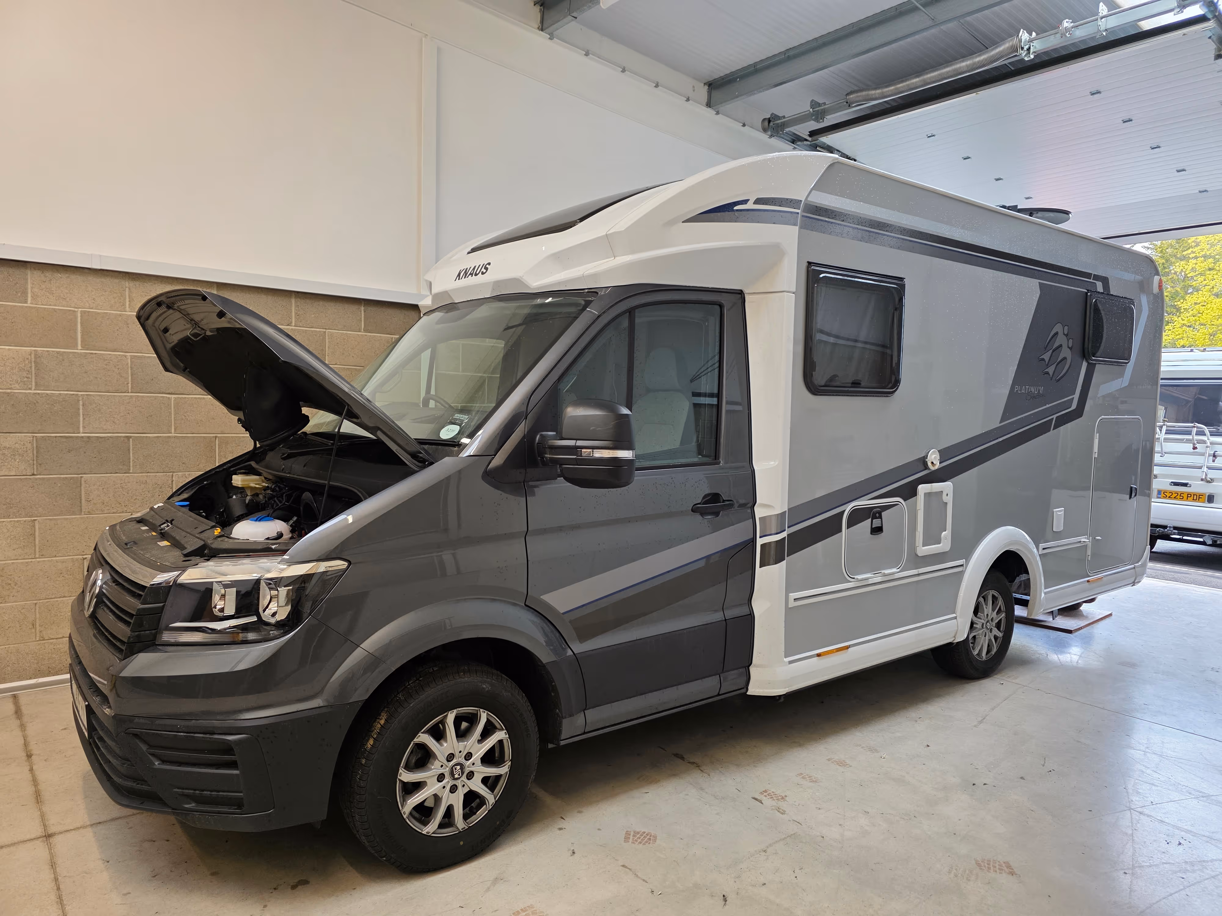 Motorhome parked in workshop during electrical installation