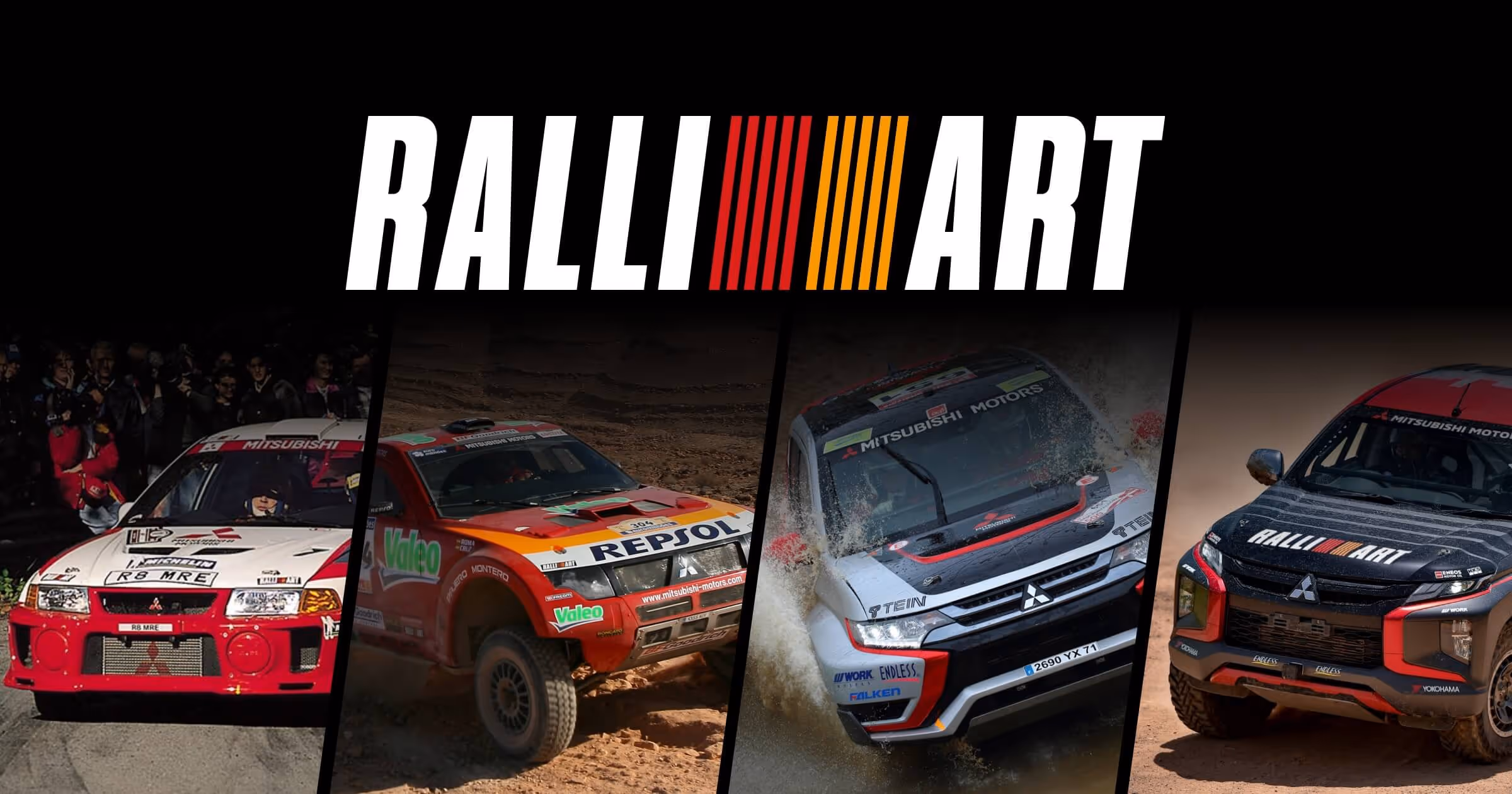 Collage of four Mitsubishi rally cars in action with the Ralliart logo above them on a black background.