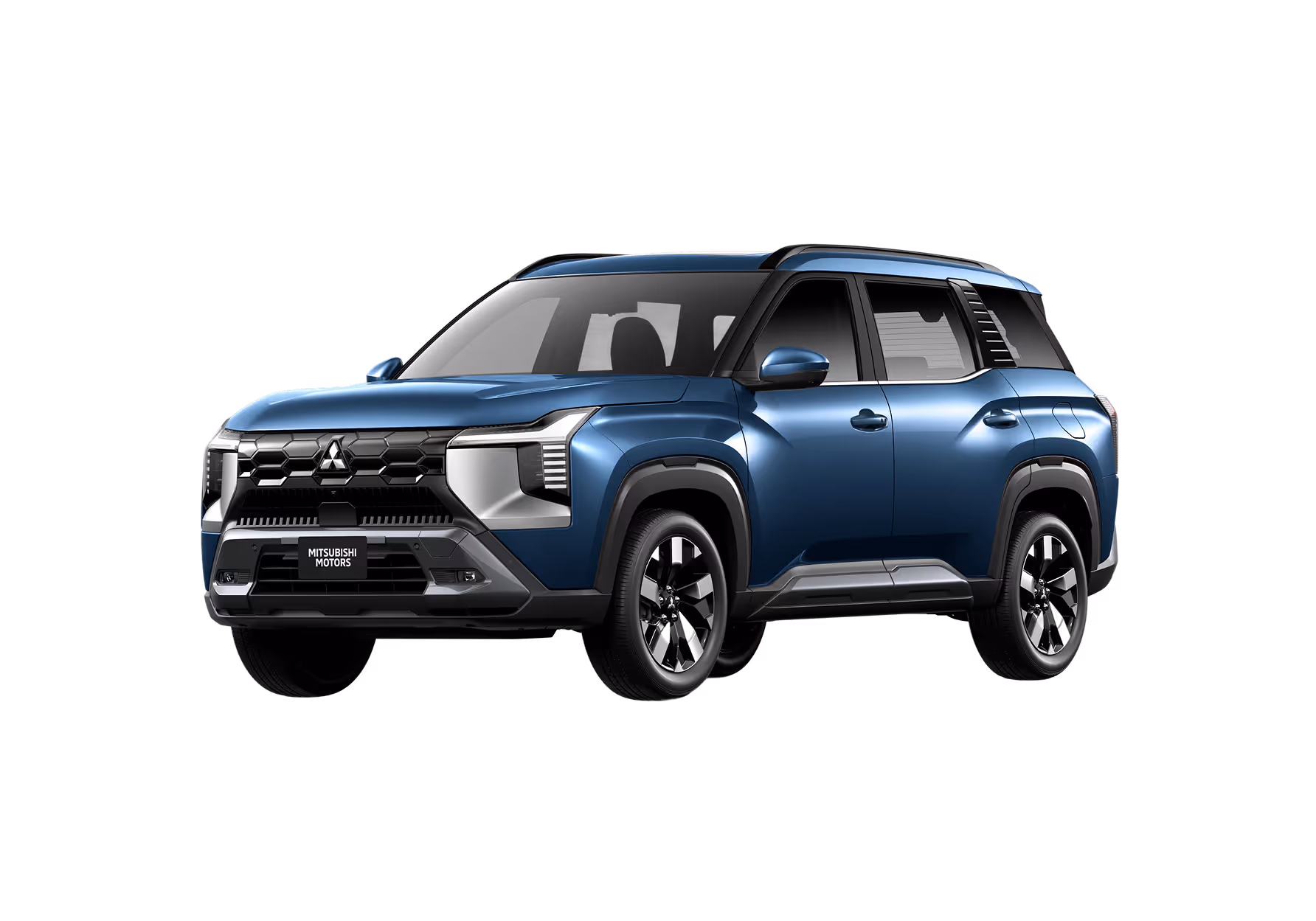 Black Mitsubishi SUV with modern angular design, highlighted grille, and multi-spoke wheels on black background.