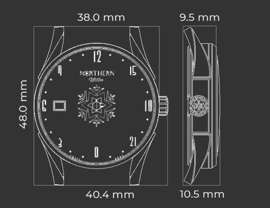 Northern Watches case size illustration showing 38 mm diameter, 48 mm lug-to-lug, 40.4 mm width and 10.5 mm thickness
