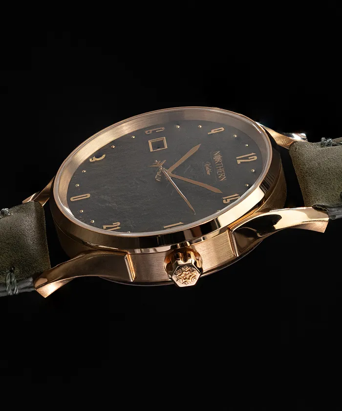 Northern Watches NW1 Bronze Age watch with bronze case, dark dial and leather strap