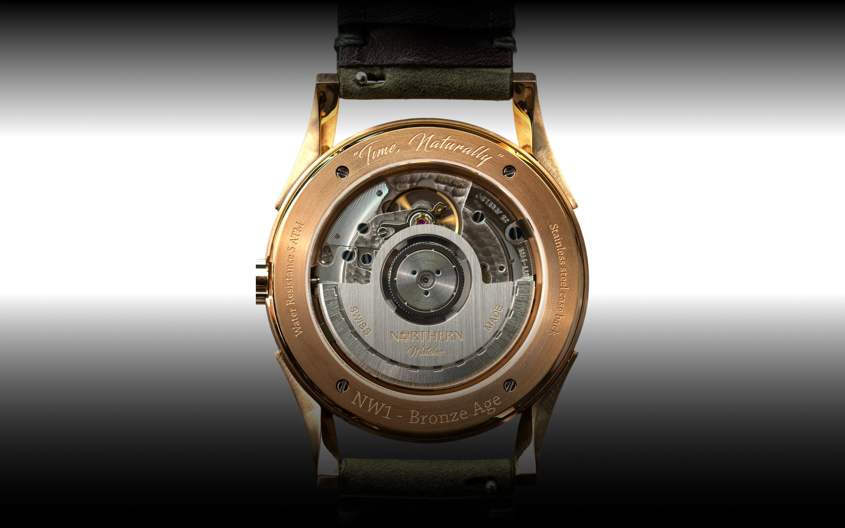 Northern Watches Bronze Age case back with visible Swiss automatic movement