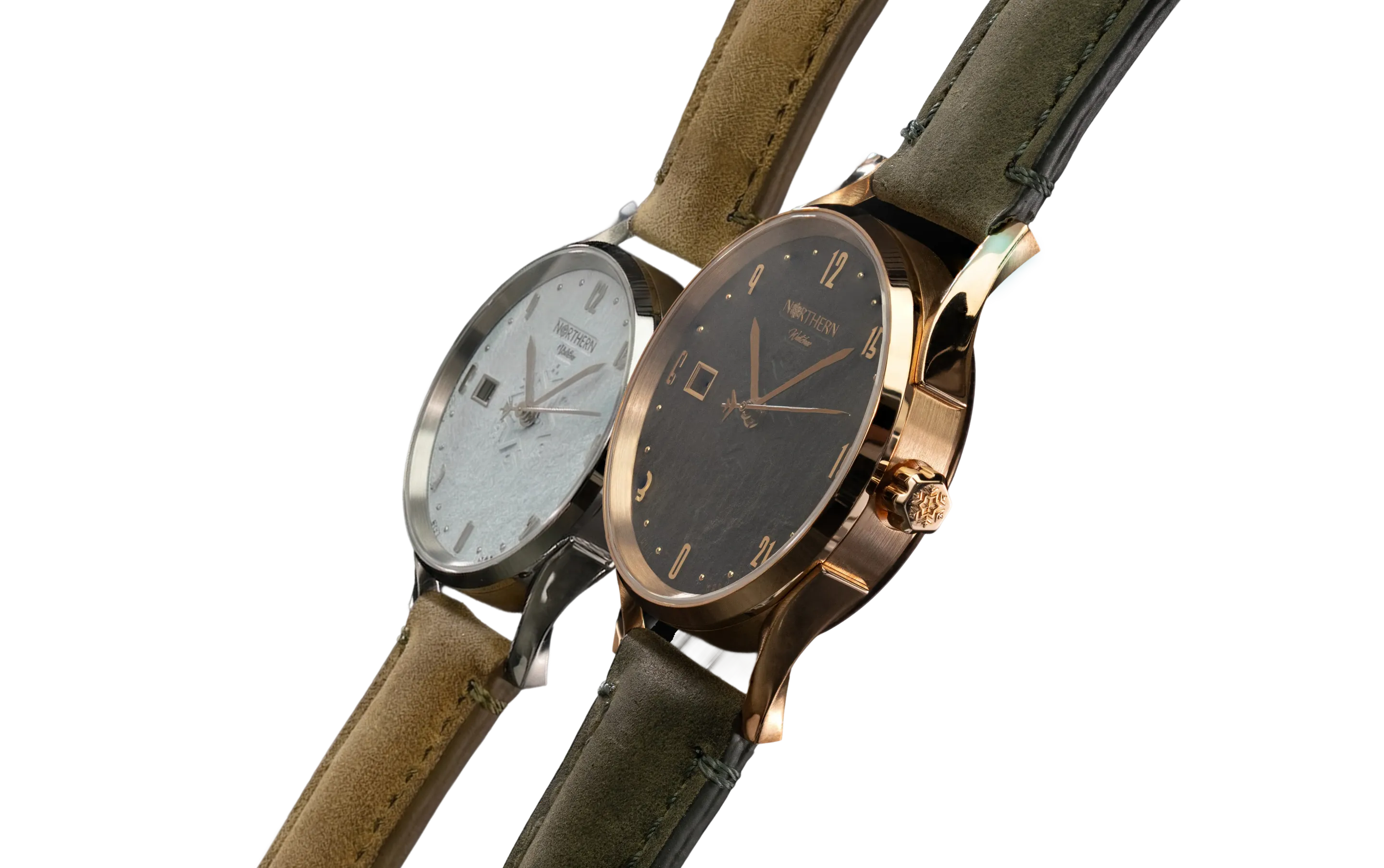 Northern Watches Swiss Made watches with 24-hour dial, bronze and silver cases, stone dials and leather straps