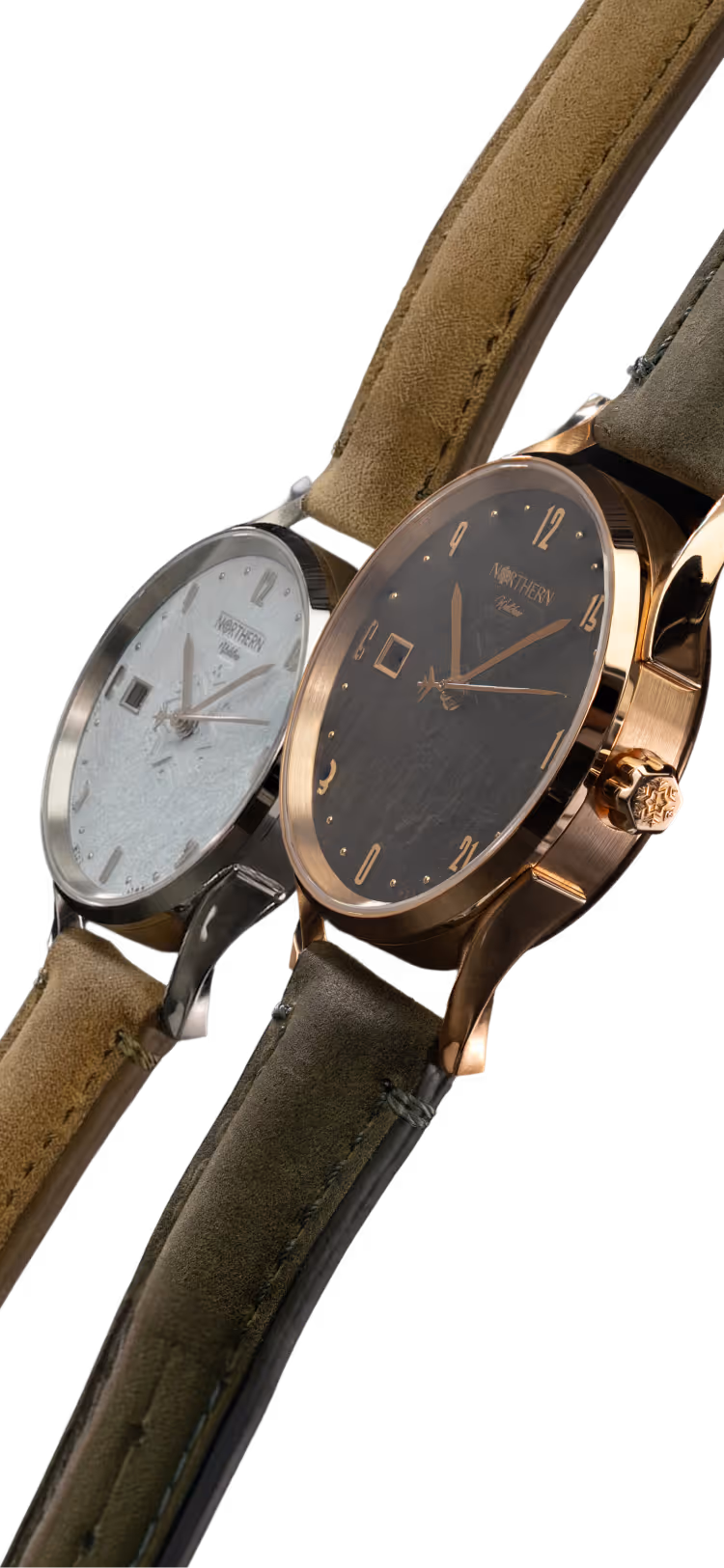 Northern Watches Swiss Made watches with 24-hour dial, bronze and silver cases, stone dials and leather straps