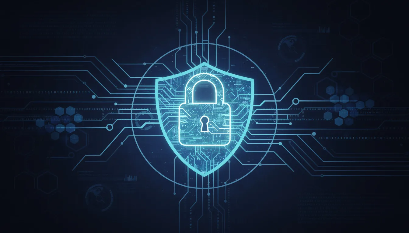 L'image représente un concept de cybersécurité avec des symboles de cadenas numérique et de bouclier, illustrant la protection des données et la vérification d'identité sur les réseaux sociaux. Ce visuel évoque l'importance de la sécurité pour tous les utilisateurs, en particulier pour les mineurs sur Internet.