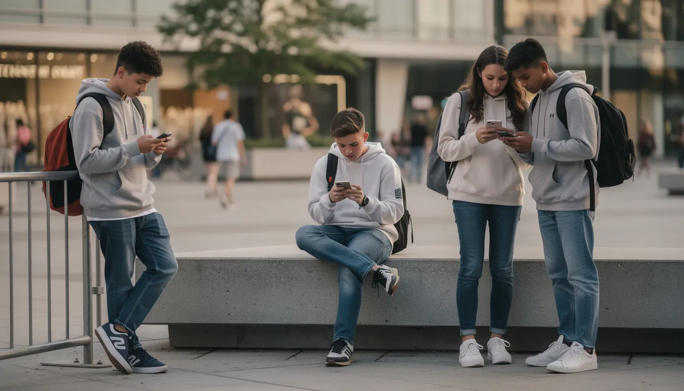 Des adolescents se tiennent dans un espace public, absorbés par leurs smartphones, probablement en train de naviguer sur les réseaux sociaux. L'image illustre l'importance de la vérification d'âge et des discussions autour de l'accès des mineurs aux plateformes numériques.