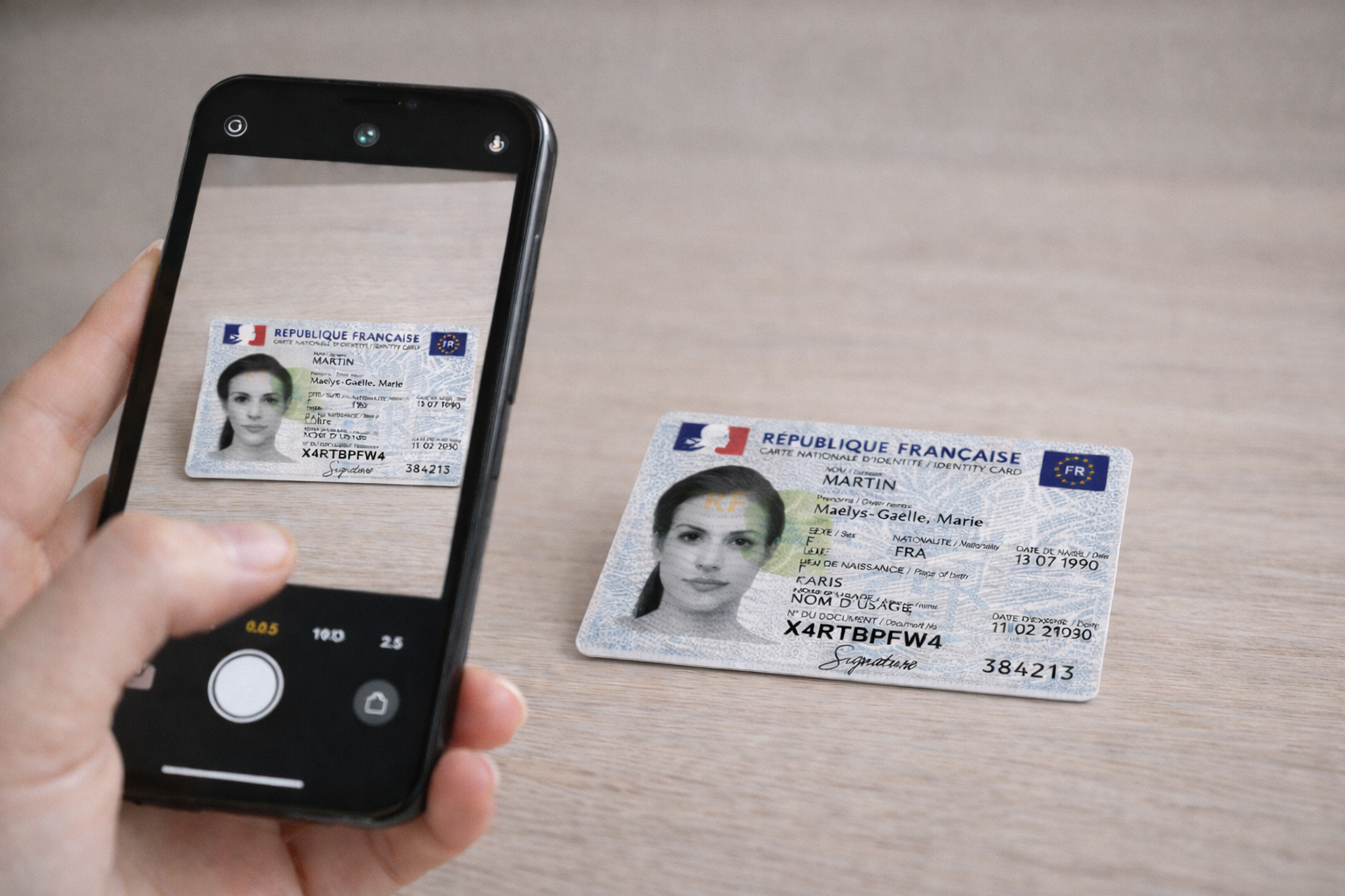 Une personne utilise son smartphone pour scanner un document, probablement un justificatif d'identité tel qu'une carte nationale d'identité, afin de mettre à jour ses informations pour son assureur. Cette action peut être liée à des questions de sécurité et de vérification dans le cadre de la lutte contre le blanchiment et le financement du terrorisme.