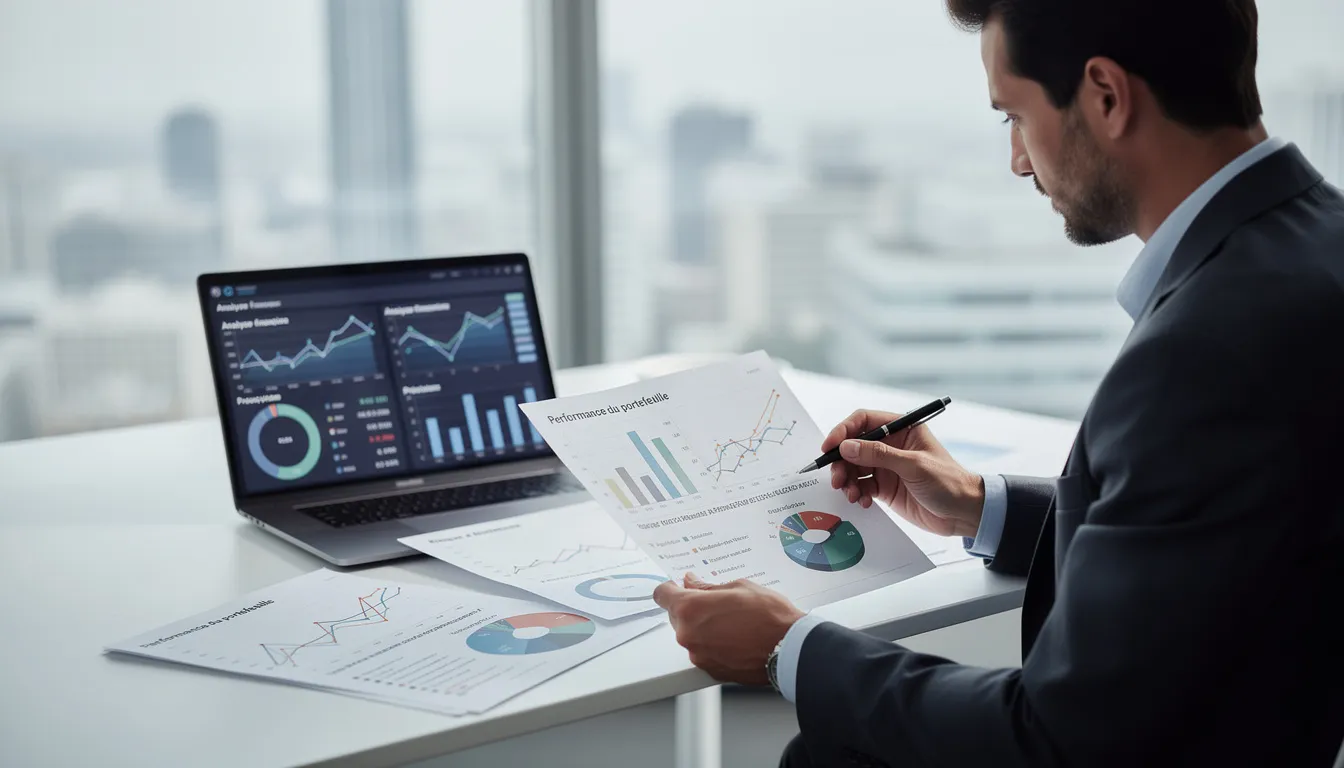 Un analyste financier examine des documents contenant des graphiques d'investissement, illustrant des données sur le secteur bancaire et le processus KYC (know your customer). Il s'agit d'une étape cruciale pour assurer la conformité et la lutte contre le blanchiment d'argent dans les services financiers.