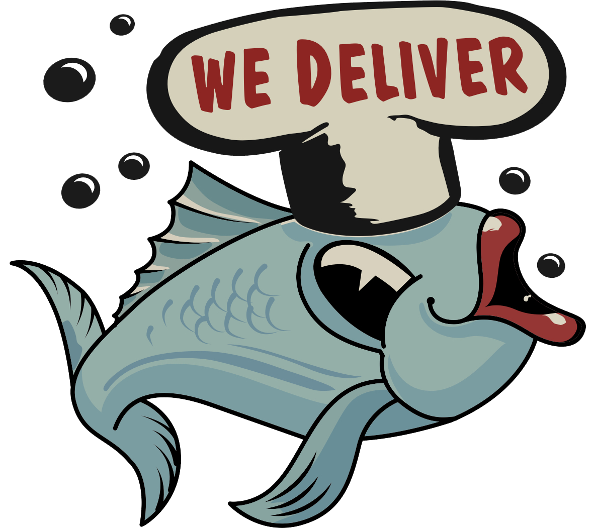 Cartoon blue fish wearing a chef's hat with the text 'WE DELIVER' on it, blowing bubbles.