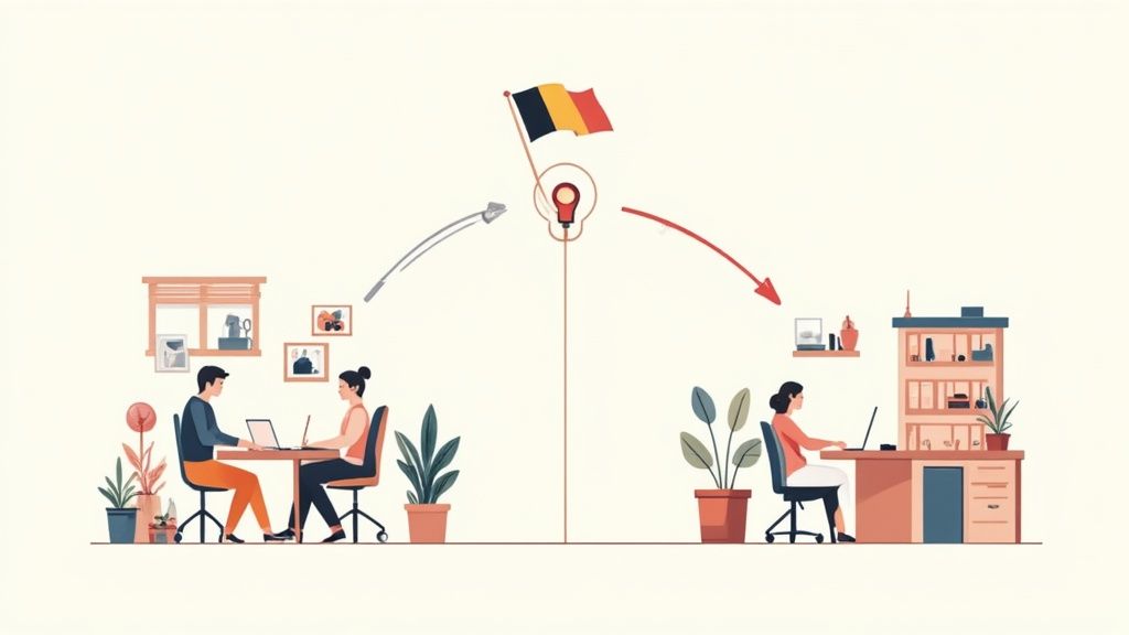 Illustration de personnes travaillant à domicile, connectées par des flèches à un drapeau belge, symbolisant le télétravail.