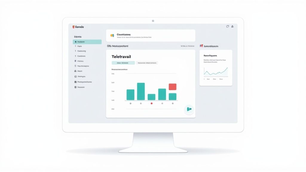 Tableau de bord numérique sur un écran d'ordinateur, affichant des données et graphiques sur le télétravail.