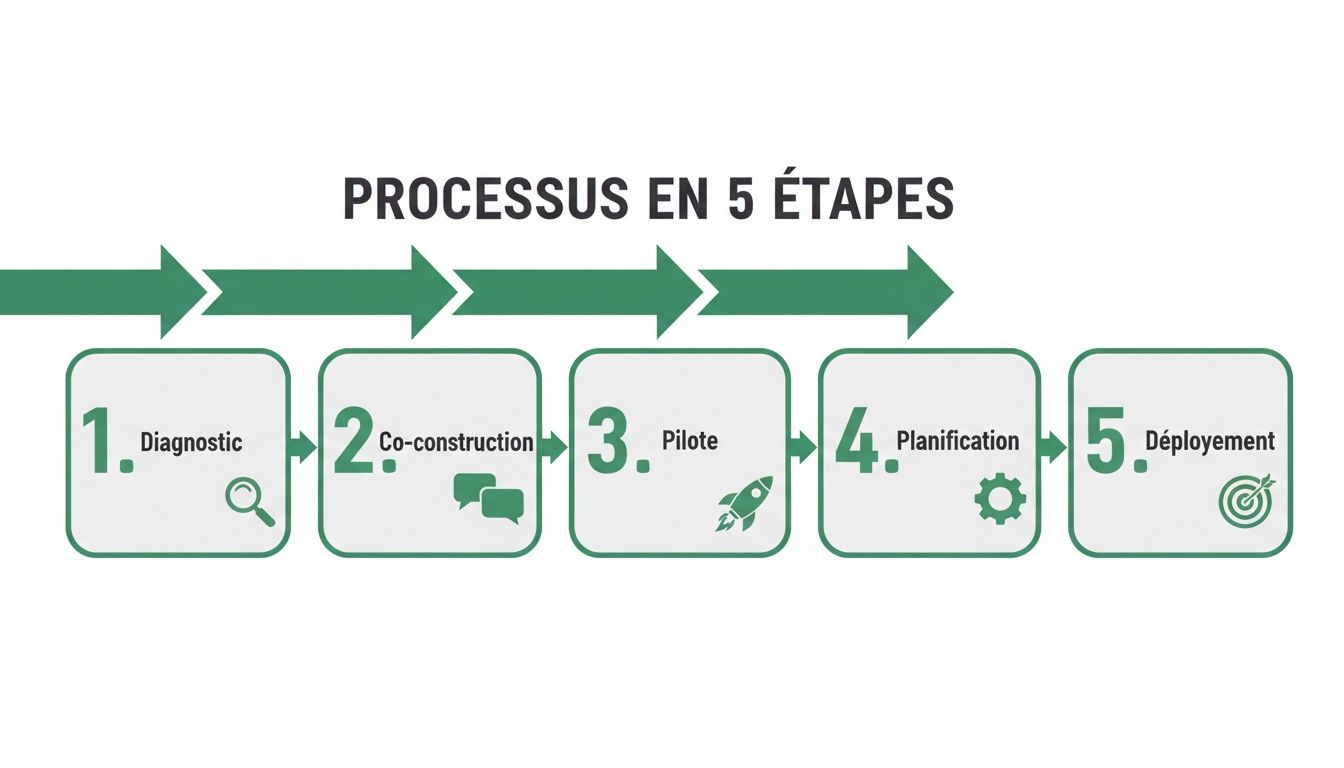 Infographie illustrant un processus en 5 étapes, de la phase de diagnostic à la co-construction, le pilote, la planification et le déploiement.
