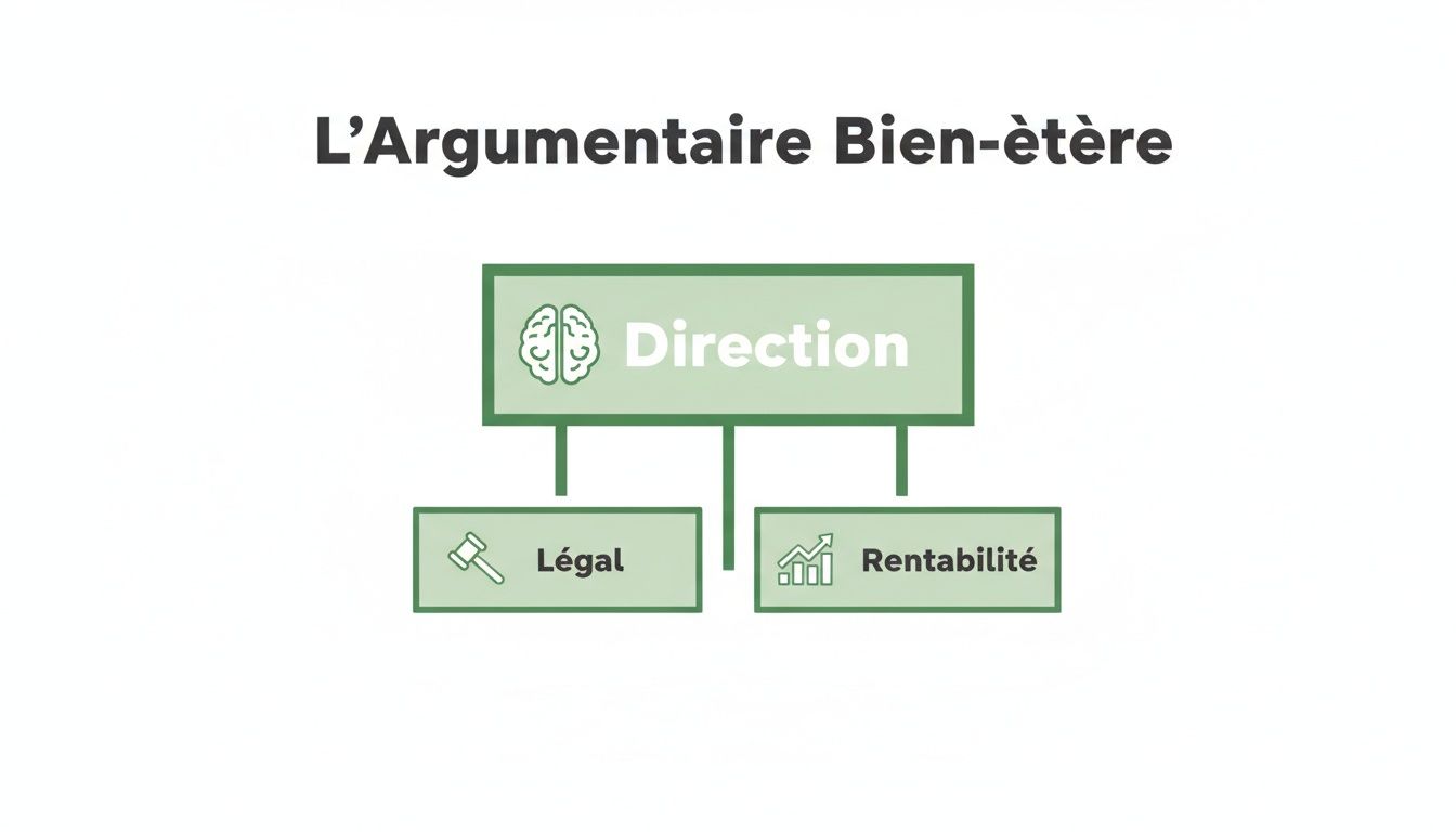 Diagramme conceptuel: L'Argumentaire Bien-être. La Direction est influencée par les aspects Légal et Rentabilité.