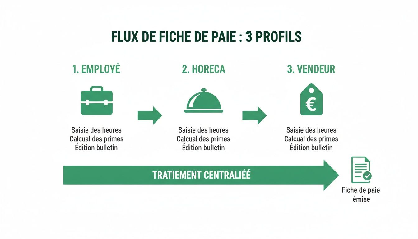 Diagramme illustrant le flux de traitement des fiches de paie pour trois profils : employé, Horeca et vendeur, aboutissant à l'émission centralisée.