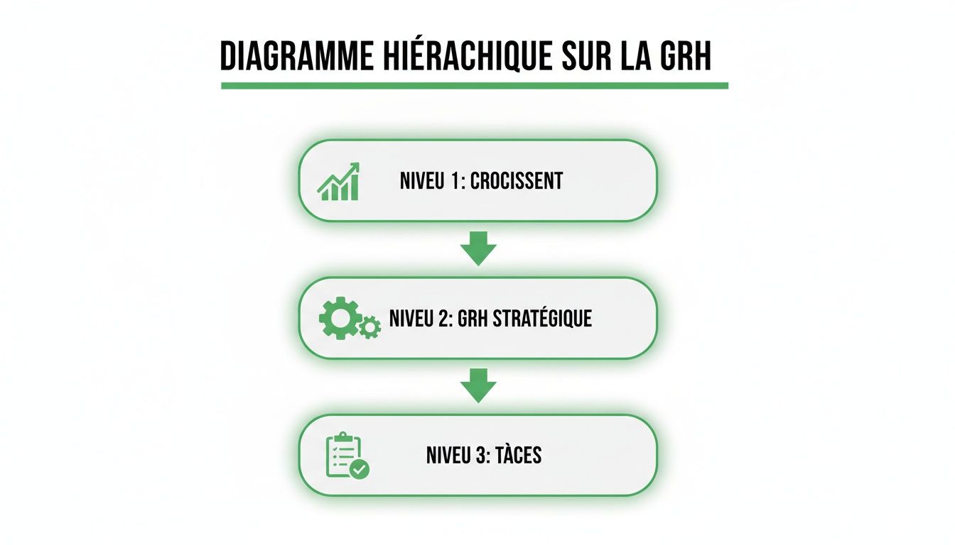 Diagramme hiérarchique sur la GRH, présentant trois niveaux : croissance, stratégie et tâches associées.