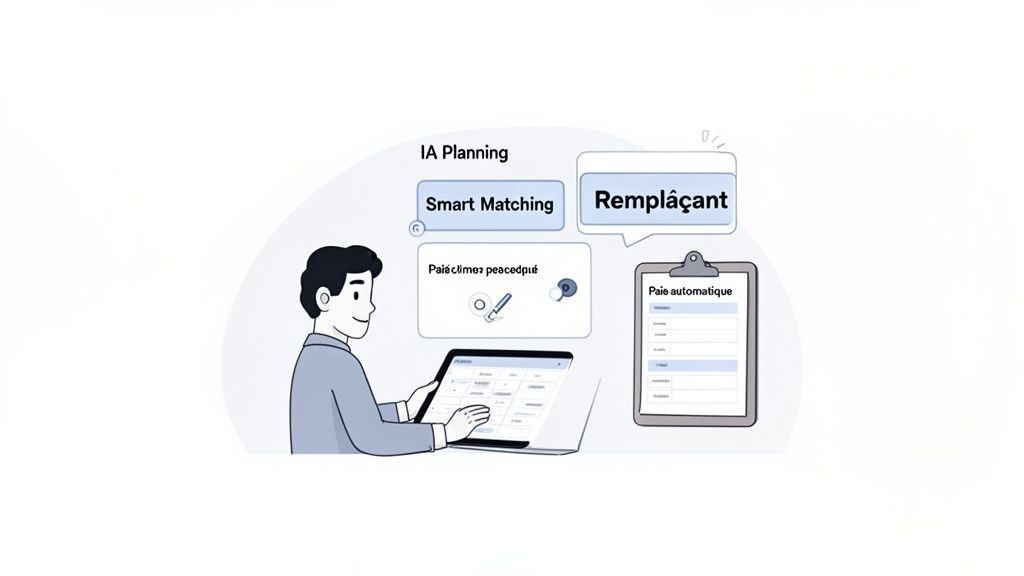 Illustration d'un homme utilisant un ordinateur portable avec des concepts de planification IA, de correspondance intelligente, de remplacement et de paie automatique.