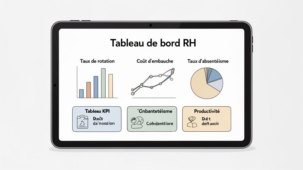 Tablette affichant un tableau de bord RH avec graphiques de taux de rotation, coût d'embauche et absentéisme.