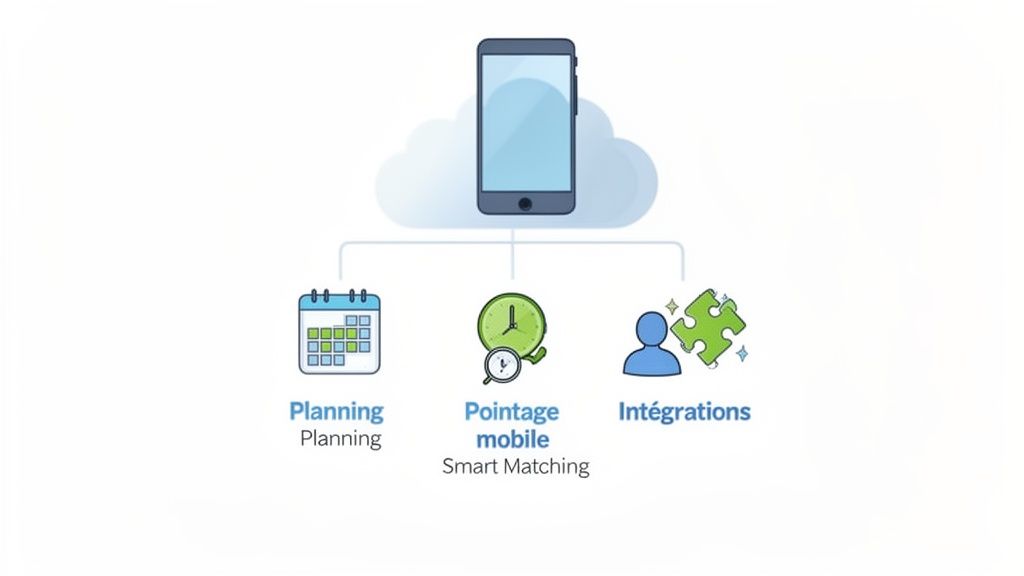 Schéma d'une solution mobile de gestion RH avec planification, pointage mobile et intégrations, reliée via un smartphone dans le cloud.