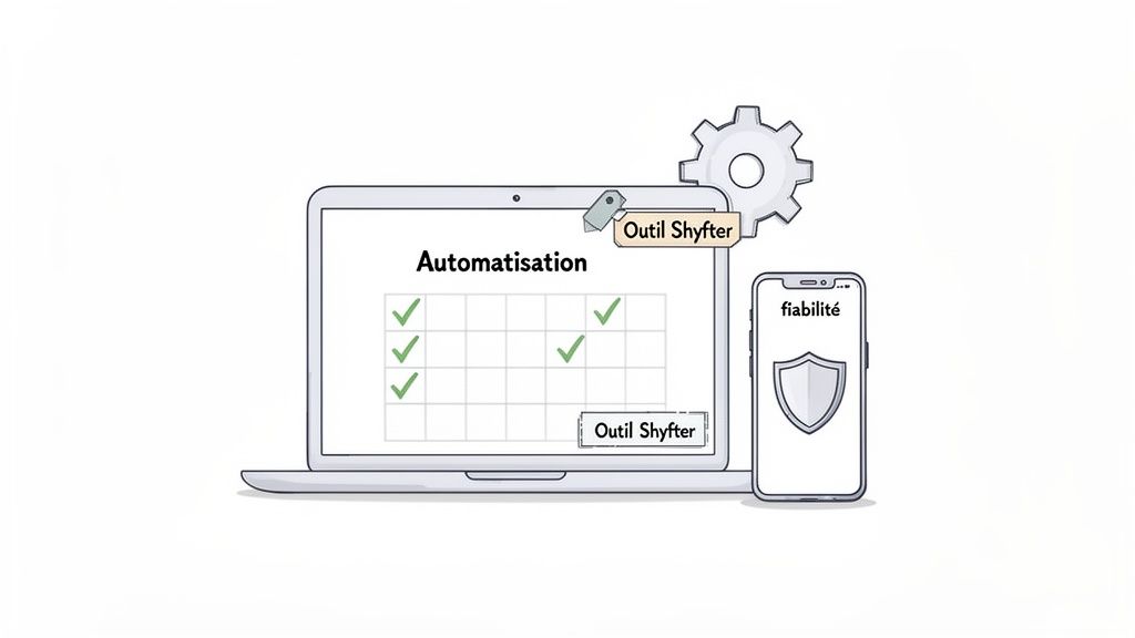 Illustration d'un ordinateur portable avec automatisation et un smartphone affichant fiabilité et un bouclier, représentant l'efficacité d'un outil.