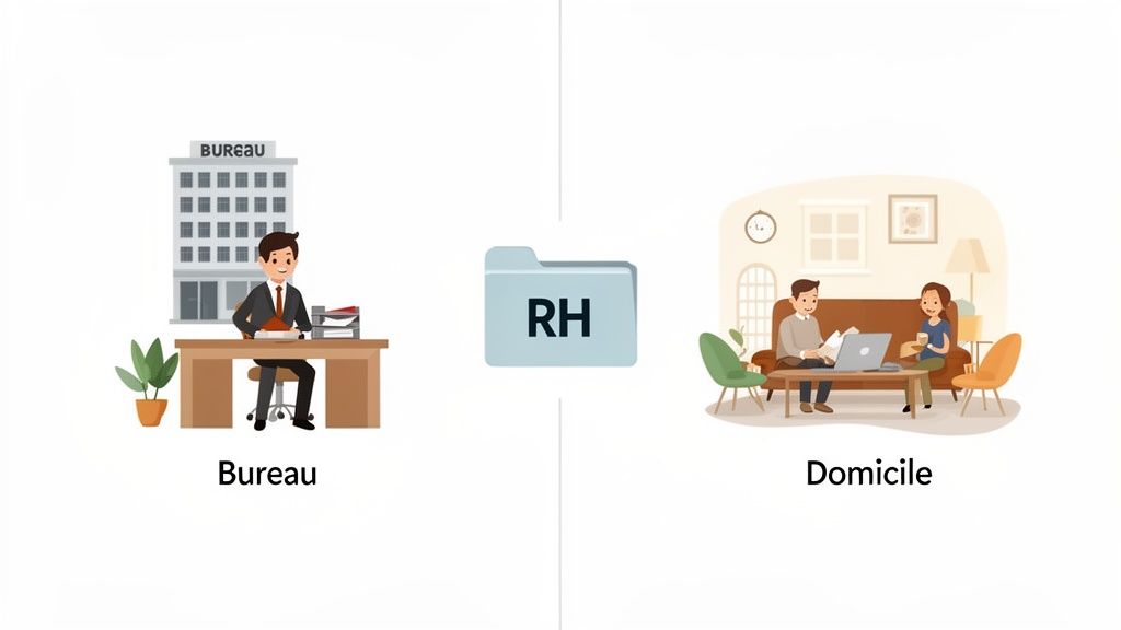 Illustration montrant la gestion des RH au bureau et à domicile, soulignant le travail hybride.