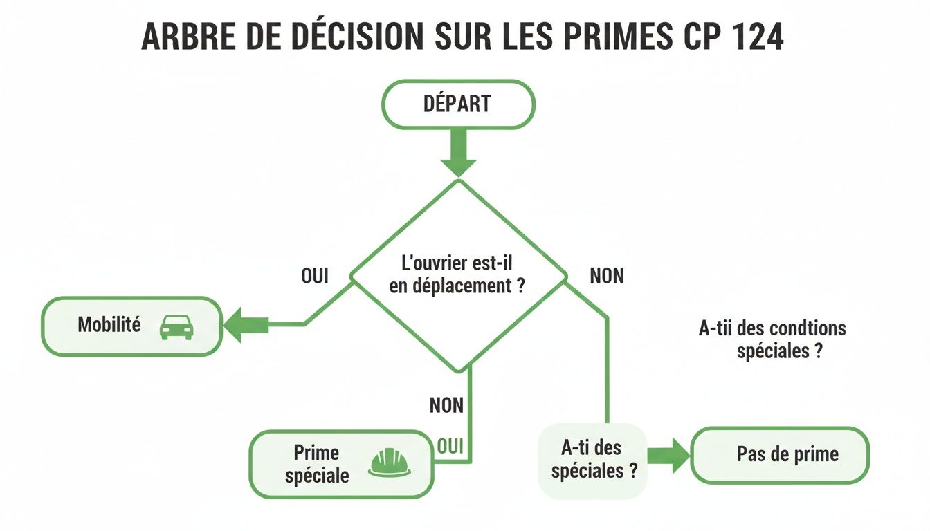 Arbre de décision pour les primes de la CP 124, guidant sur l'éligibilité des ouvriers aux primes de mobilité ou spéciales.