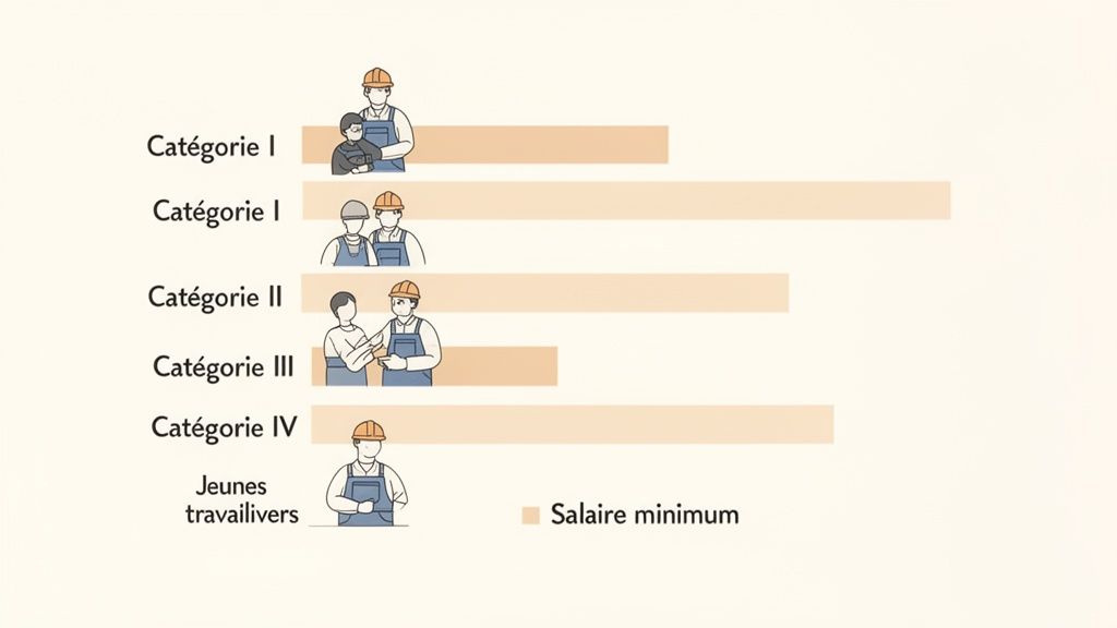 Graphique à barres montrant les salaires minimums par catégorie de travailleurs, y compris les jeunes, en français.