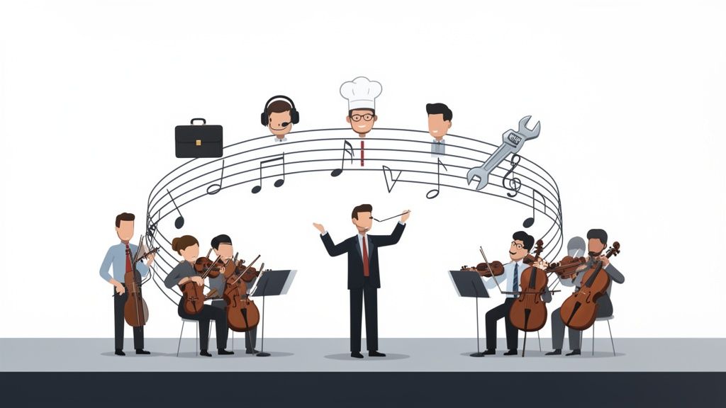 Une métaphore de la gestion des RH avec un orchestre et des symboles de diverses professions.