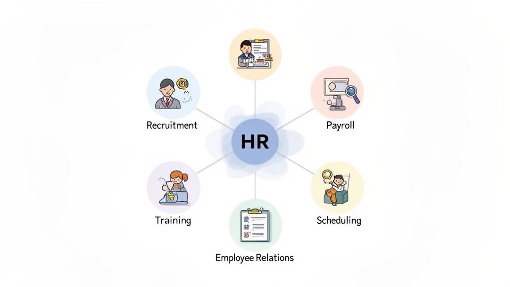 Diagramme montrant les six fonctions clés des RH: recrutement, paie, planification, relations employés, formation et administration.