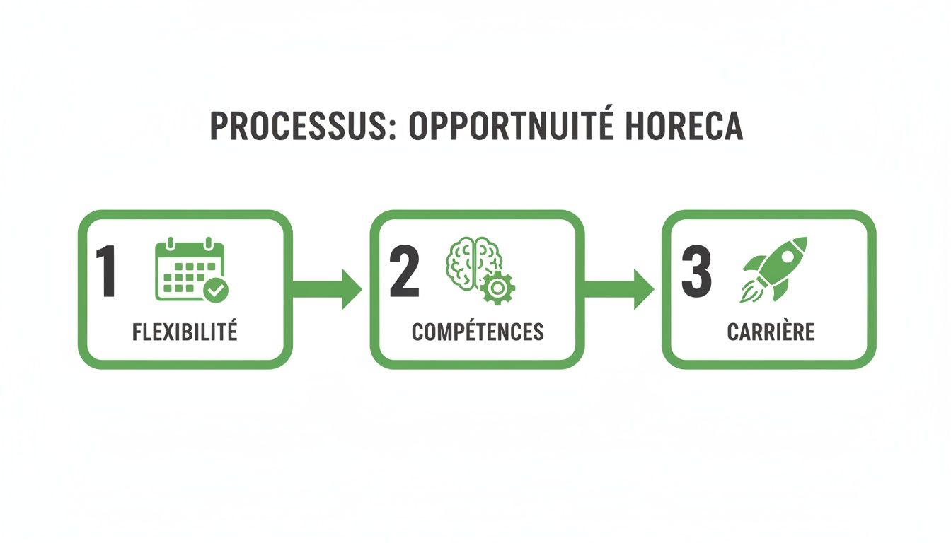 Diagramme du processus d'opportunité HORECA, illustrant les étapes : flexibilité, compétences et carrière.