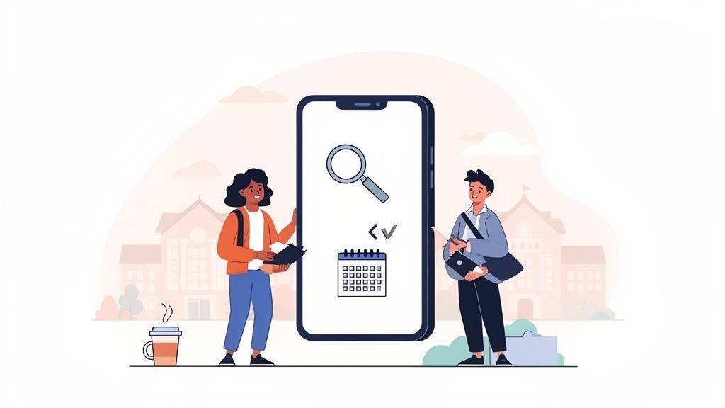 Deux étudiants souriants utilisent un grand smartphone affichant des icônes de recherche et de calendrier, devant une université.