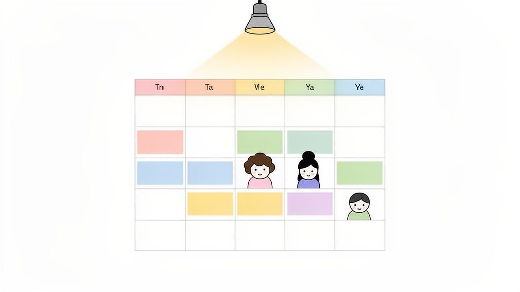 Calendrier illustré avec des jours, des tâches colorées et trois personnes, sous une lampe allumée.