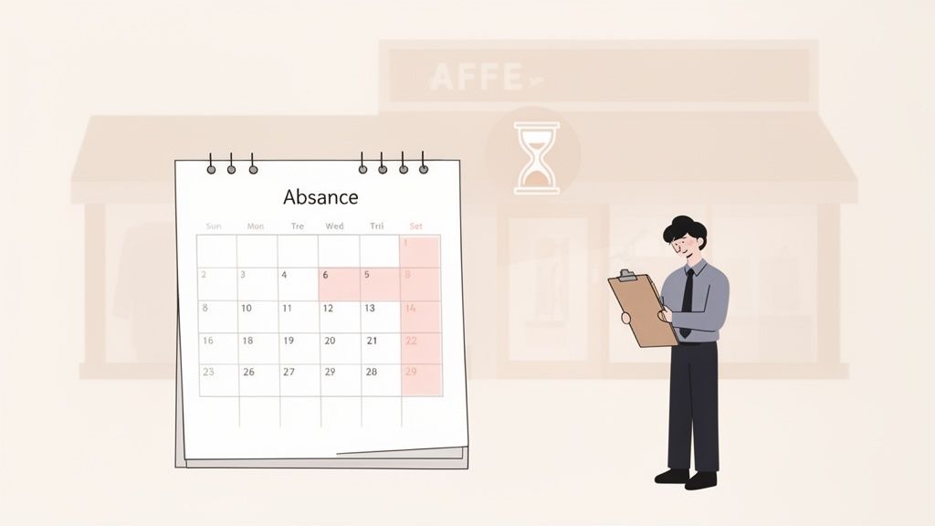 Un homme consulte un calendrier d'absence avec des jours marqués en rouge, près d'un bâtiment et d'un sablier.