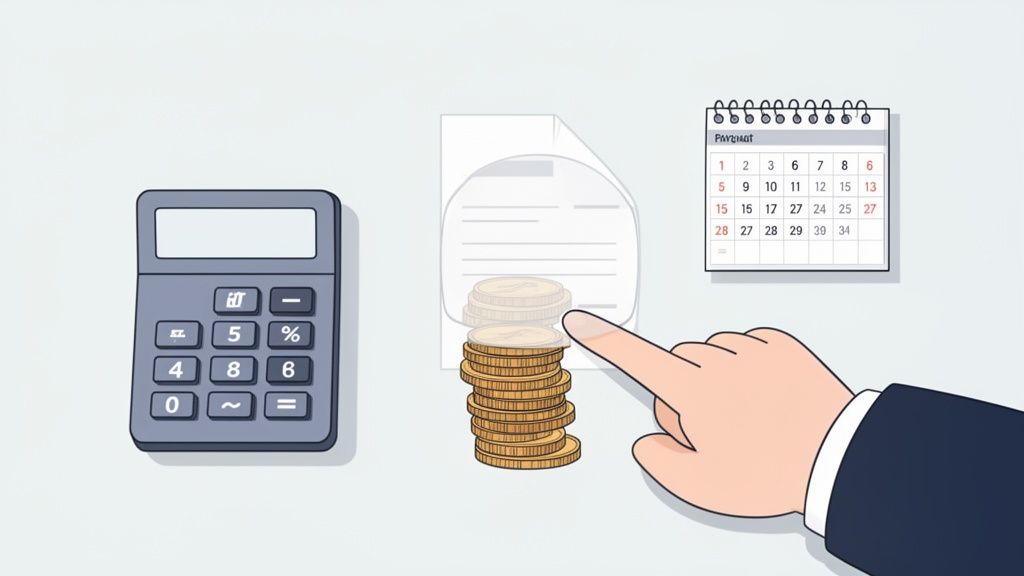 Illustration montrant une calculatrice, des pièces de monnaie, un document et un calendrier, évoquant le calcul financier ou une journée de carence.