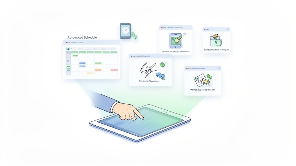Main interagissant avec une tablette, affichant des fenêtres de logiciels de planification, signature électronique et gestion.