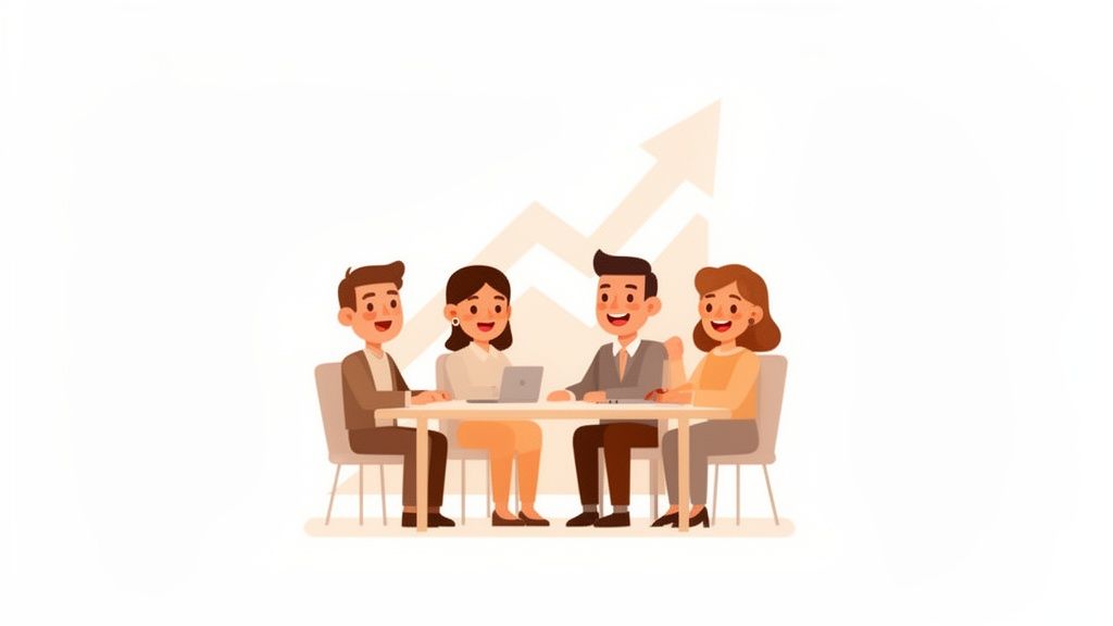 Quatre professionnels souriants en réunion autour d'une table, un graphique de croissance symbolise le succès.