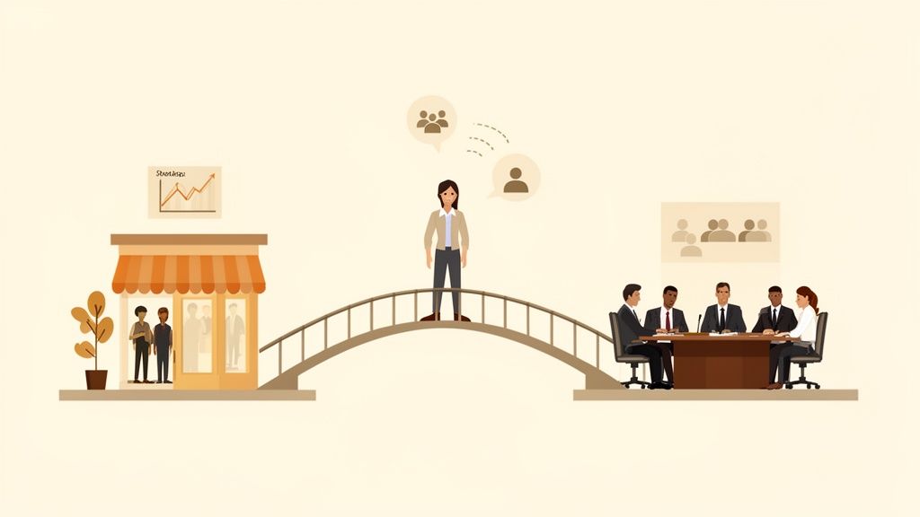 Une femme, représentante RH, se tient sur un pont reliant une petite entreprise à une salle de réunion d'affaires.