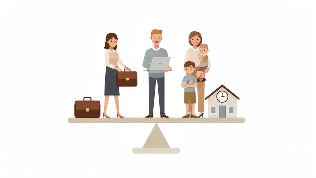 Illustration d'une balance symbolisant l'équilibre entre la carrière (femme, homme, mallettes) et la vie de famille (femme, enfants, maison).