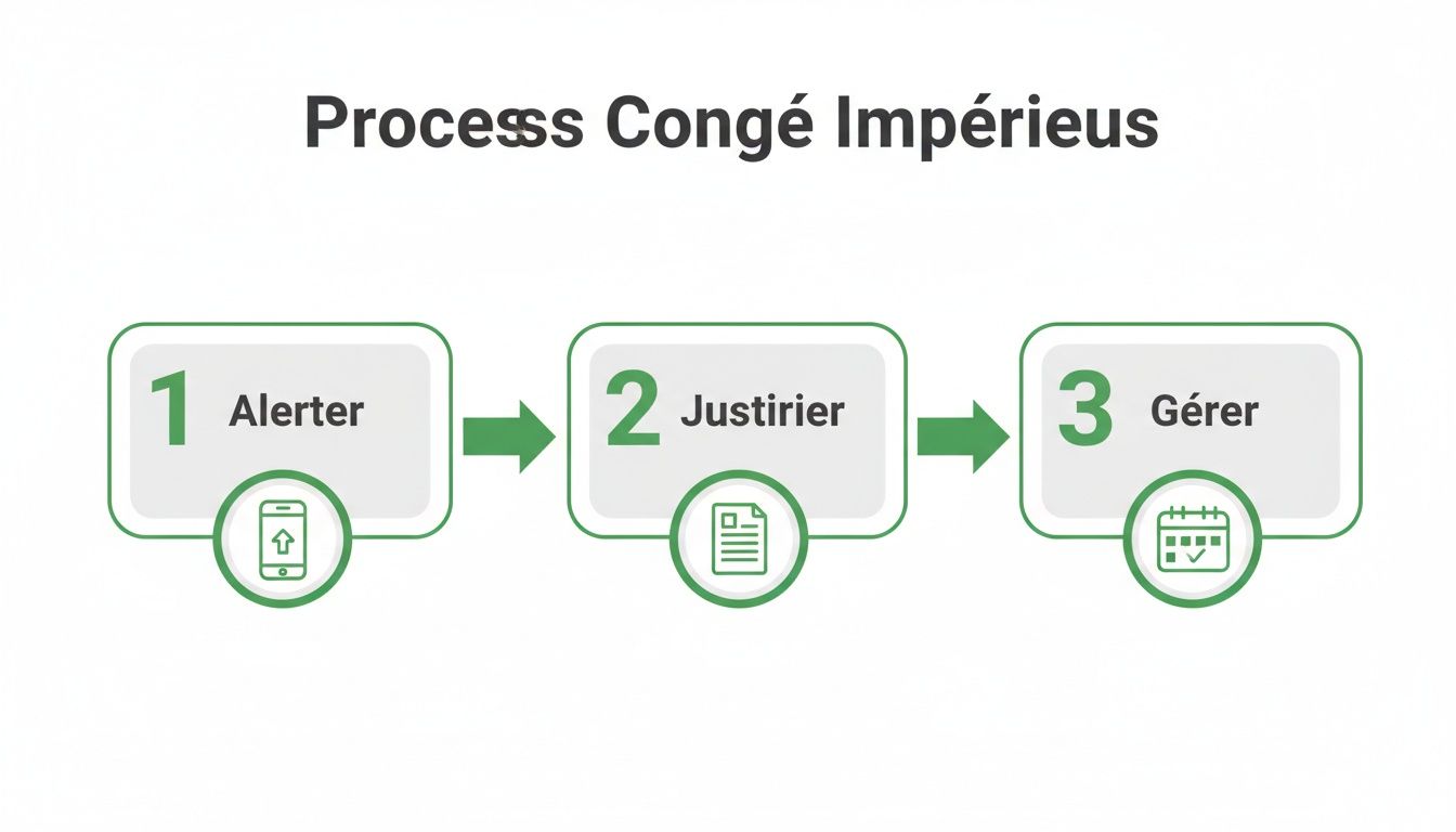 Infographie illustrant le processus de demande de congé impérieux en 3 étapes : Alerter, Justifier, Gérer.
