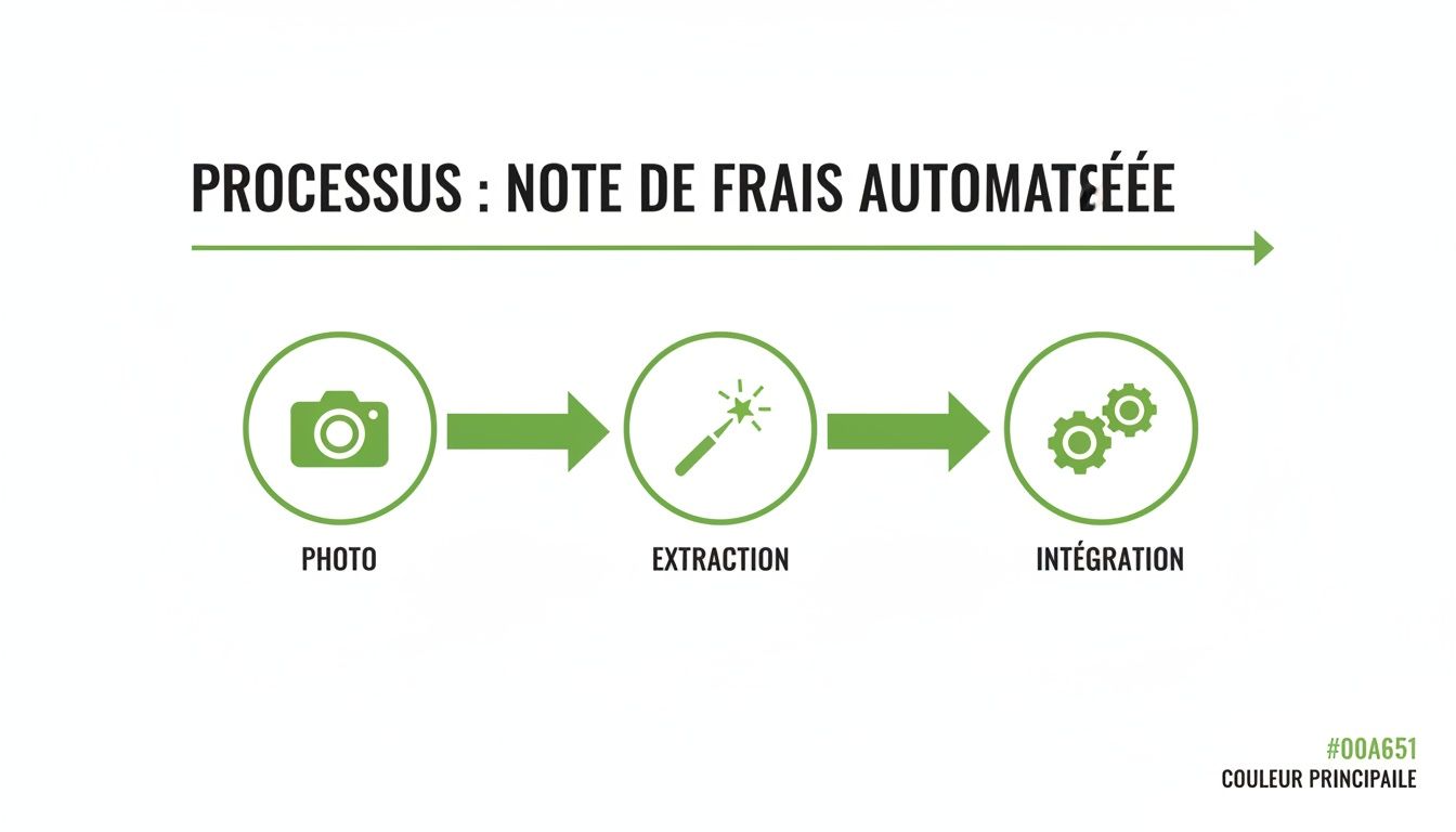 Schéma du processus automatisé de gestion des notes de frais, de la photo à l'intégration.
