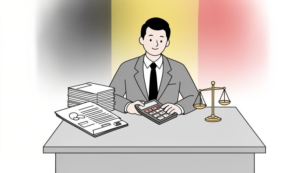 Un homme d'affaires devant un fond rappelant le drapeau belge, calculant avec des documents et des balances de justice.